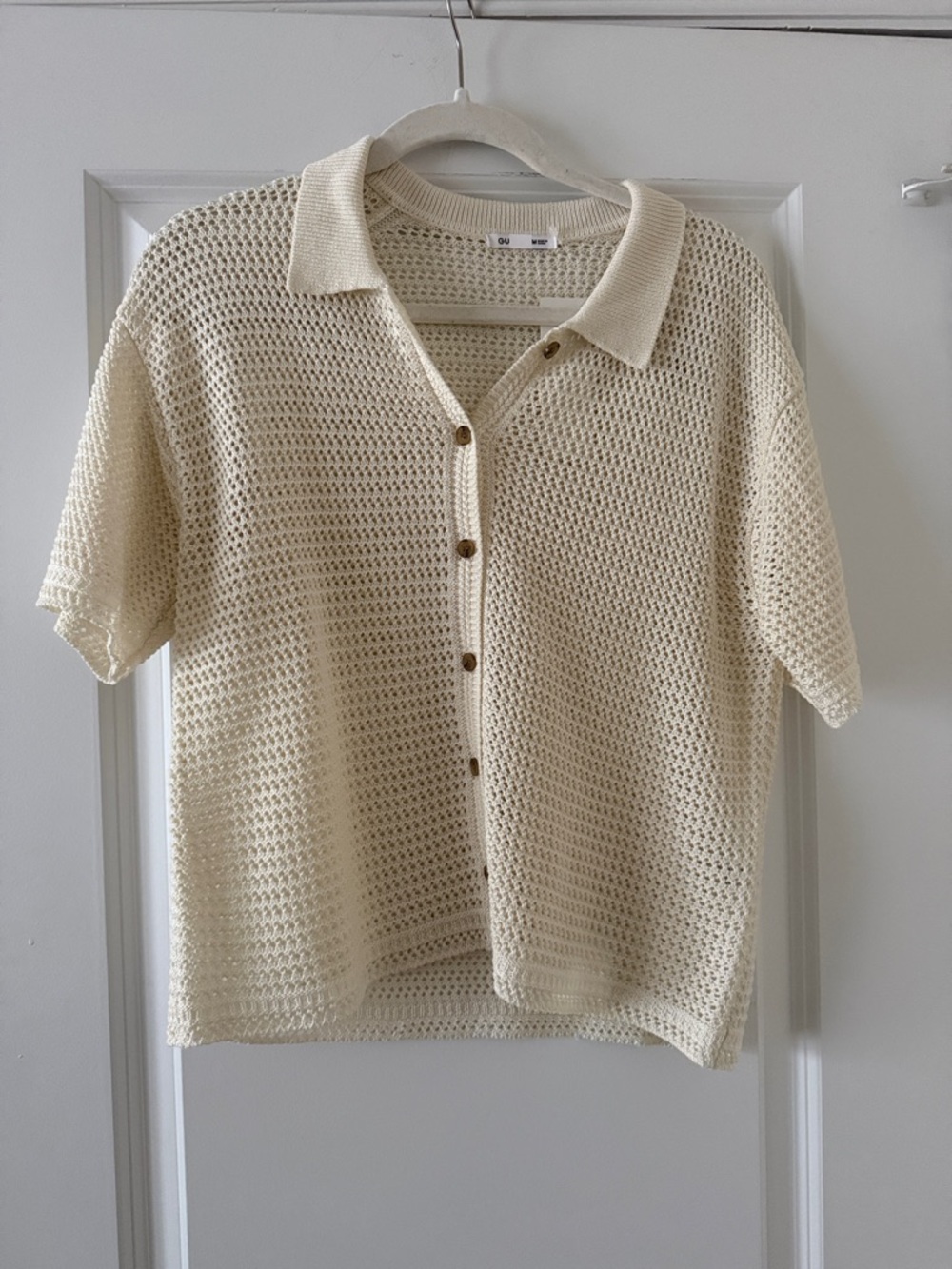 NWT gu crochet knit woven short sleeve button up sz M medium